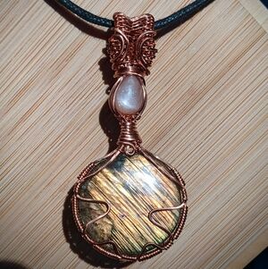 Iridescent Gemstone Pendant Necklace Artisan Copper Wire Wrap Design